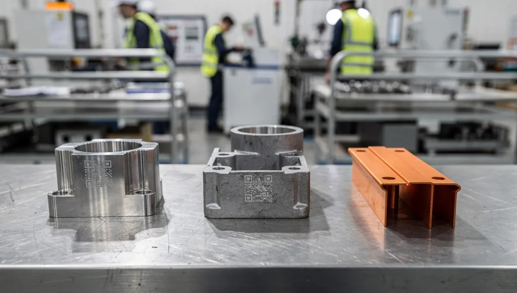 Banco di controllo in reparto con tre componenti industriali diversi marcati a laser: inox lucidato, pressocolato e busbar EV