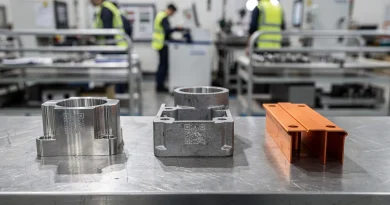 Banco di controllo in reparto con tre componenti industriali diversi marcati a laser: inox lucidato, pressocolato e busbar EV