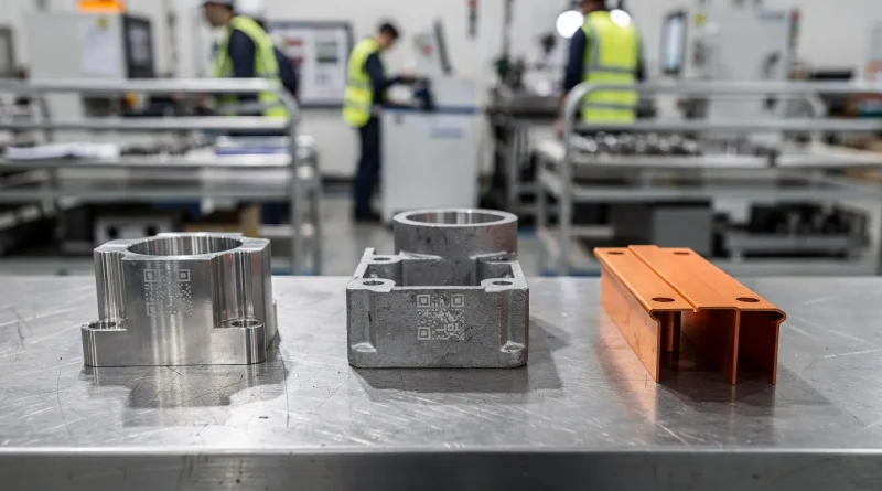 Ricottura o incisione: il codice si decide dopo la sabbiatura Banco di controllo in reparto con tre componenti industriali diversi marcati a laser: inox lucidato, pressocolato e busbar EV