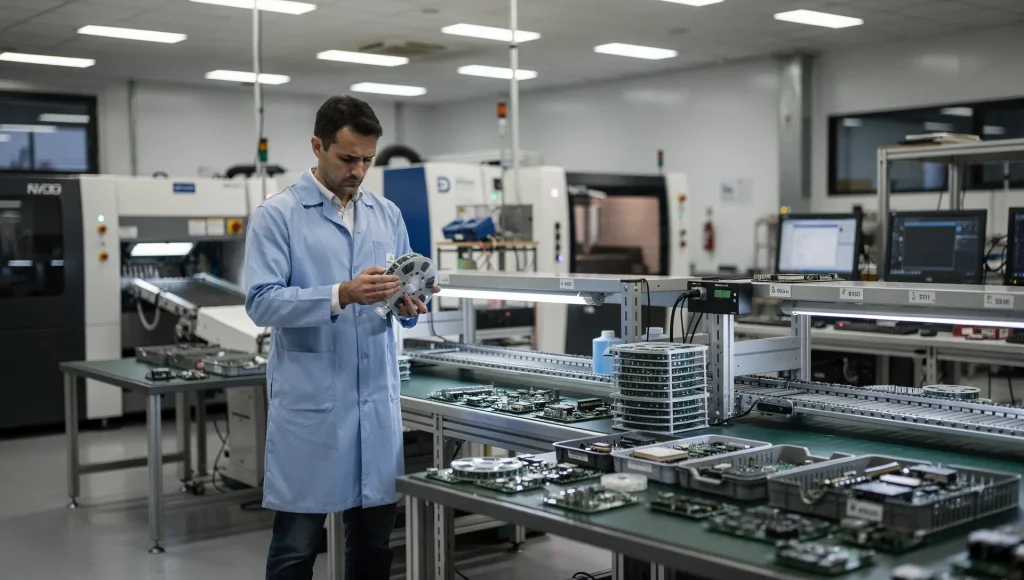 Tecnico in reparto EMS controlla un lotto di componenti elettronici prima dell'assemblaggio di schede PCB