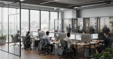 Ufficio open space con pareti mobili vetrate, phone booth e zone di lavoro separate acusticamente