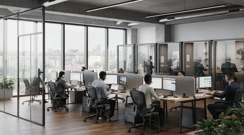 La parete mobile non divide: smista il rumore dove serve Ufficio open space con pareti mobili vetrate, phone booth e zone di lavoro separate acusticamente